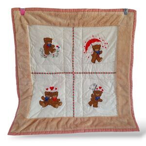 Baby Crib / Doll Luv Bears Vintage Block Quilt 20" Square Brown Red White Teddy